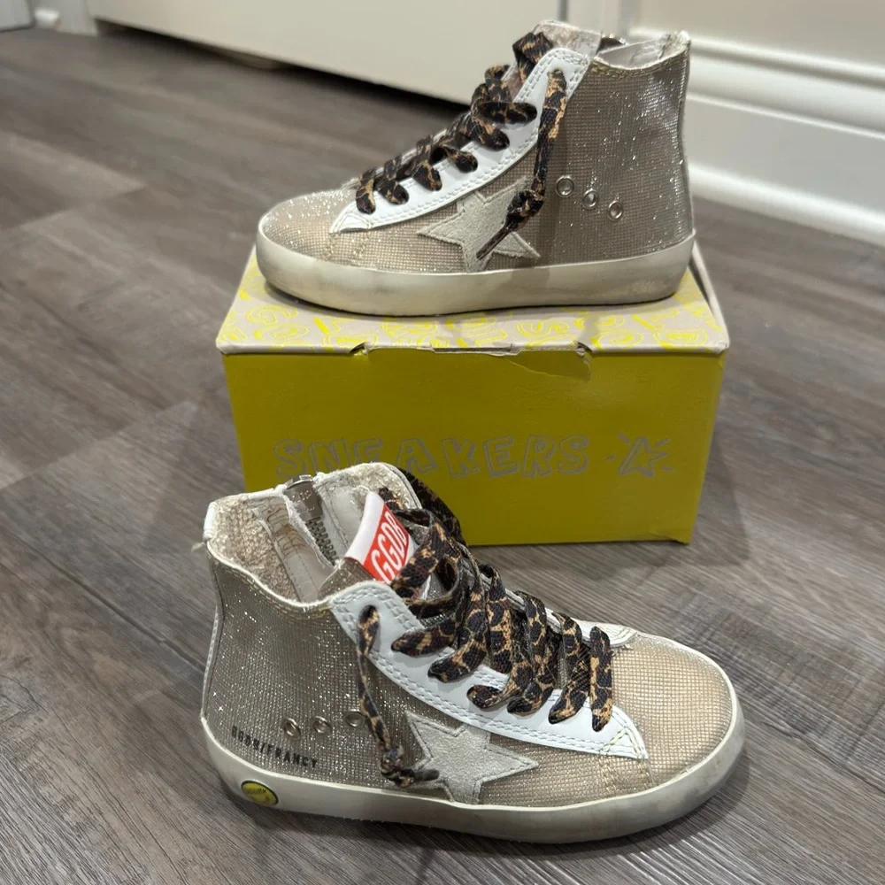 Golden Goose Francy Checkered Glitter Upper Leopard Print Laces High Top Sneaker